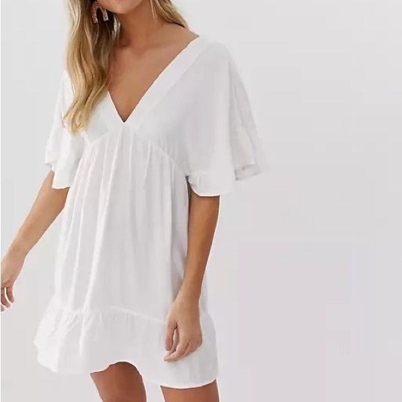 ASOS White V-Neck V-Back Ruffle Hem Oversized Mini Dress - Picture 1 of 6